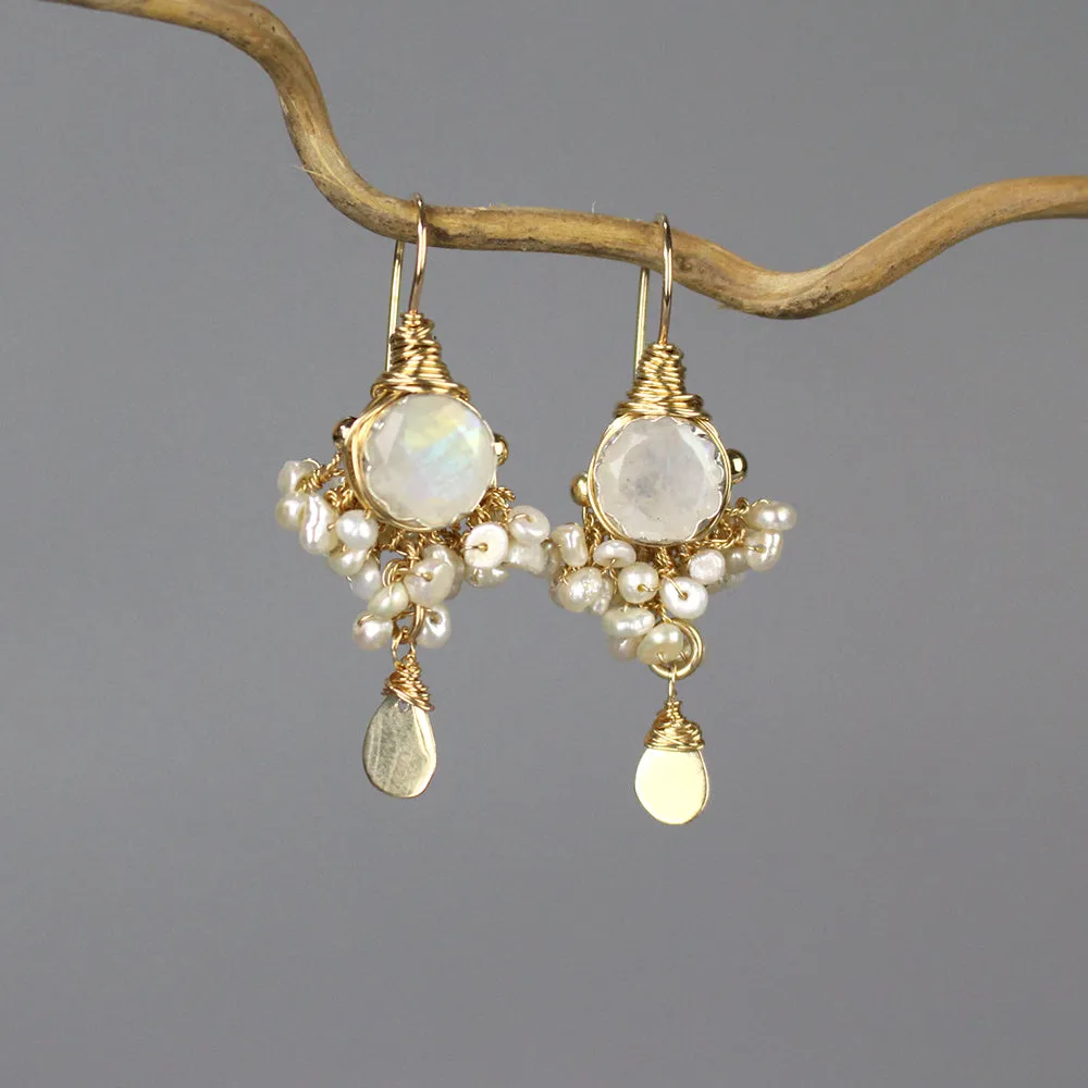 Faceted Moonstone Pearl Goddess Earrings
