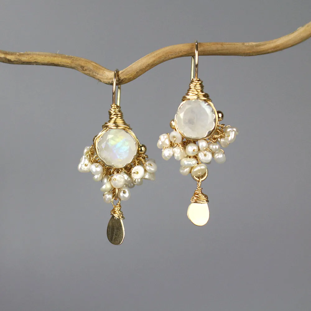 Faceted Moonstone Pearl Goddess Earrings