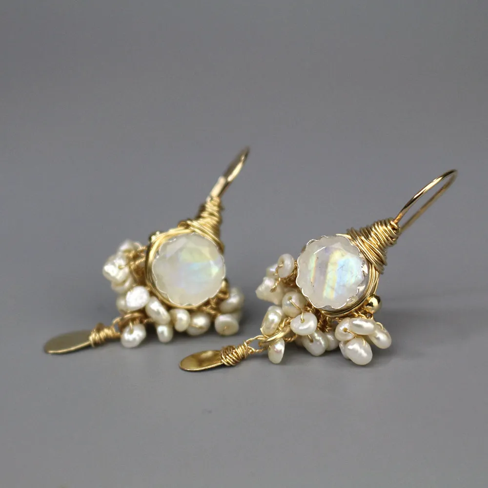 Faceted Moonstone Pearl Goddess Earrings