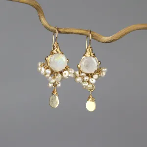 Faceted Moonstone Pearl Goddess Earrings