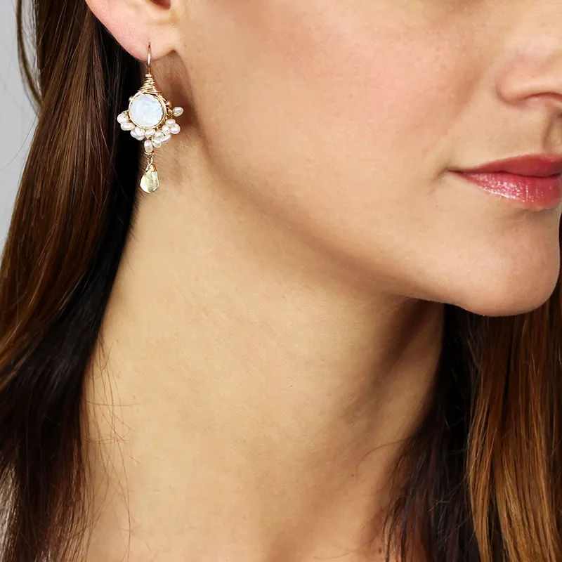 Faceted Moonstone Pearl Goddess Earrings