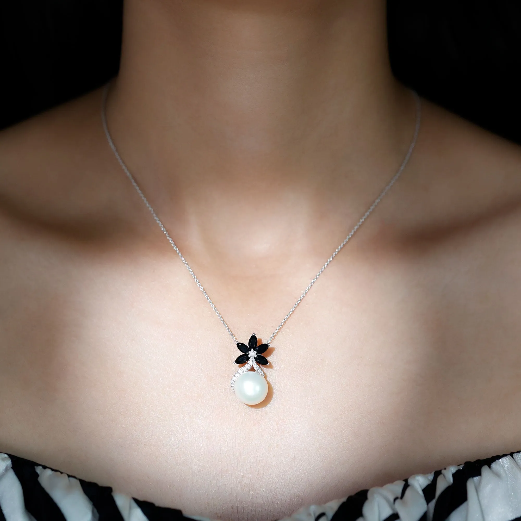 Floral Inspired Freshwater Pearl and Black Onyx Pendant with Moissanite Accent