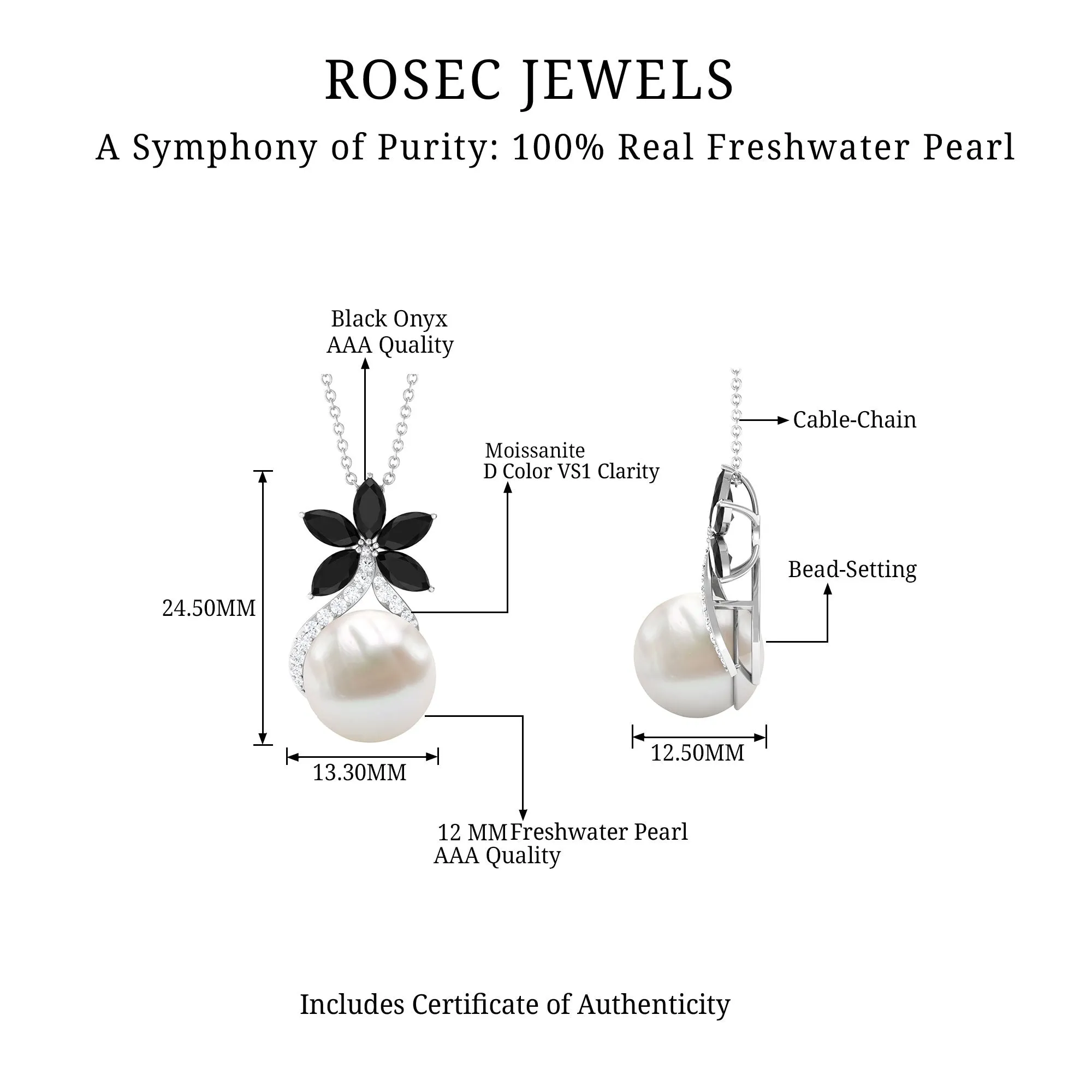 Floral Inspired Freshwater Pearl and Black Onyx Pendant with Moissanite Accent