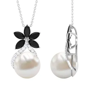 Floral Inspired Freshwater Pearl and Black Onyx Pendant with Moissanite Accent