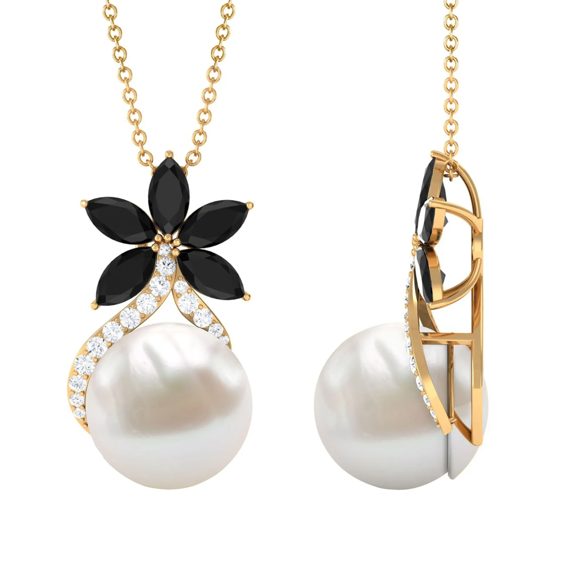 Floral Inspired Freshwater Pearl and Black Onyx Pendant with Moissanite Accent