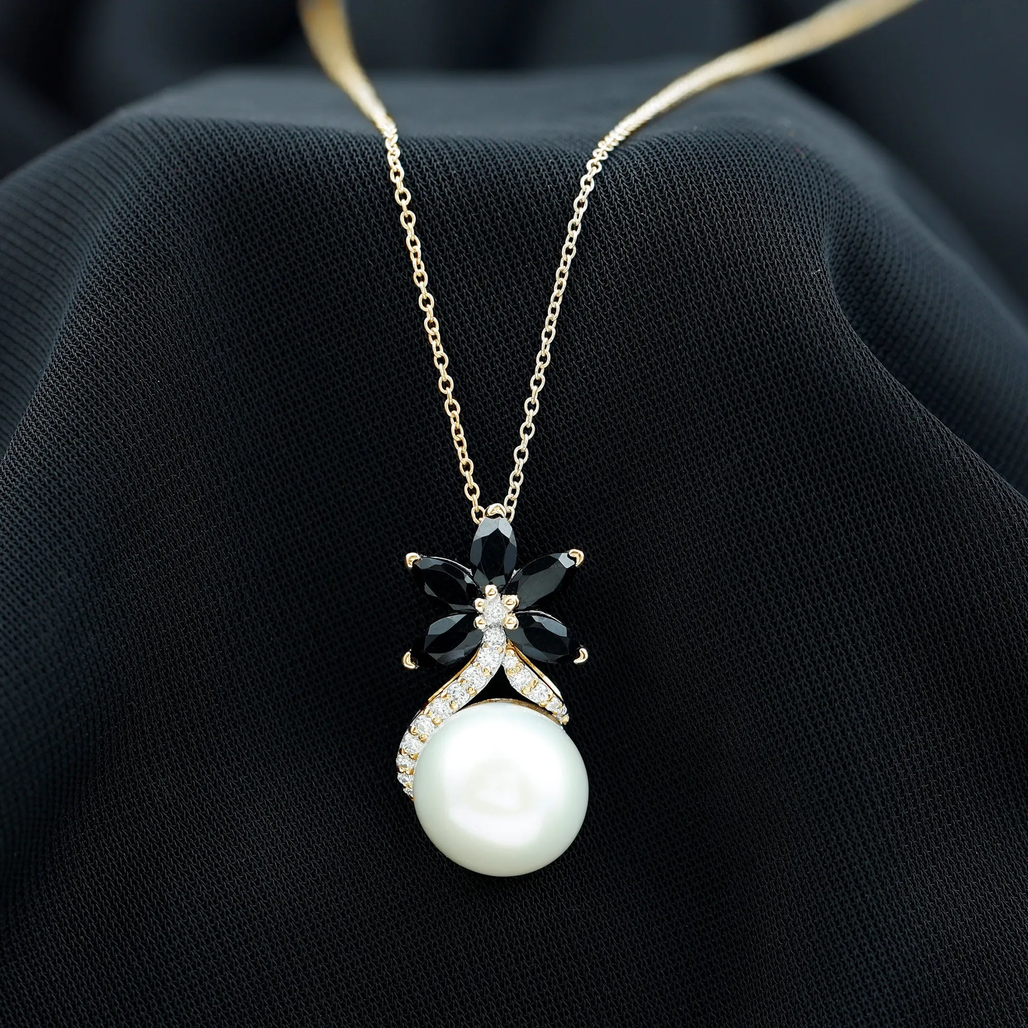 Floral Inspired Freshwater Pearl and Black Onyx Pendant with Moissanite Accent