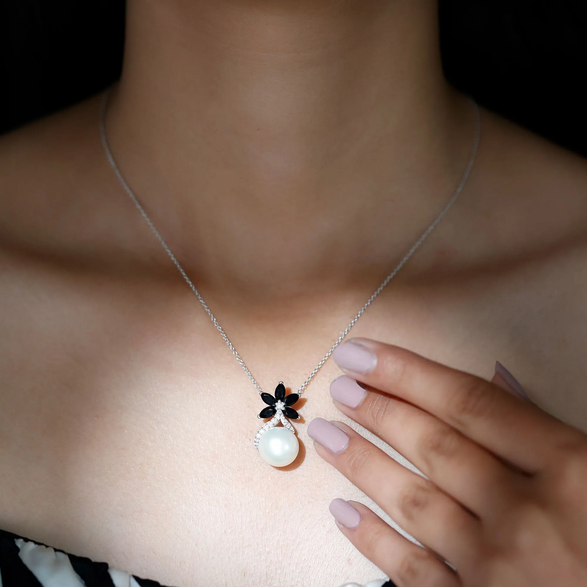 Floral Inspired Freshwater Pearl and Black Onyx Pendant with Moissanite Accent