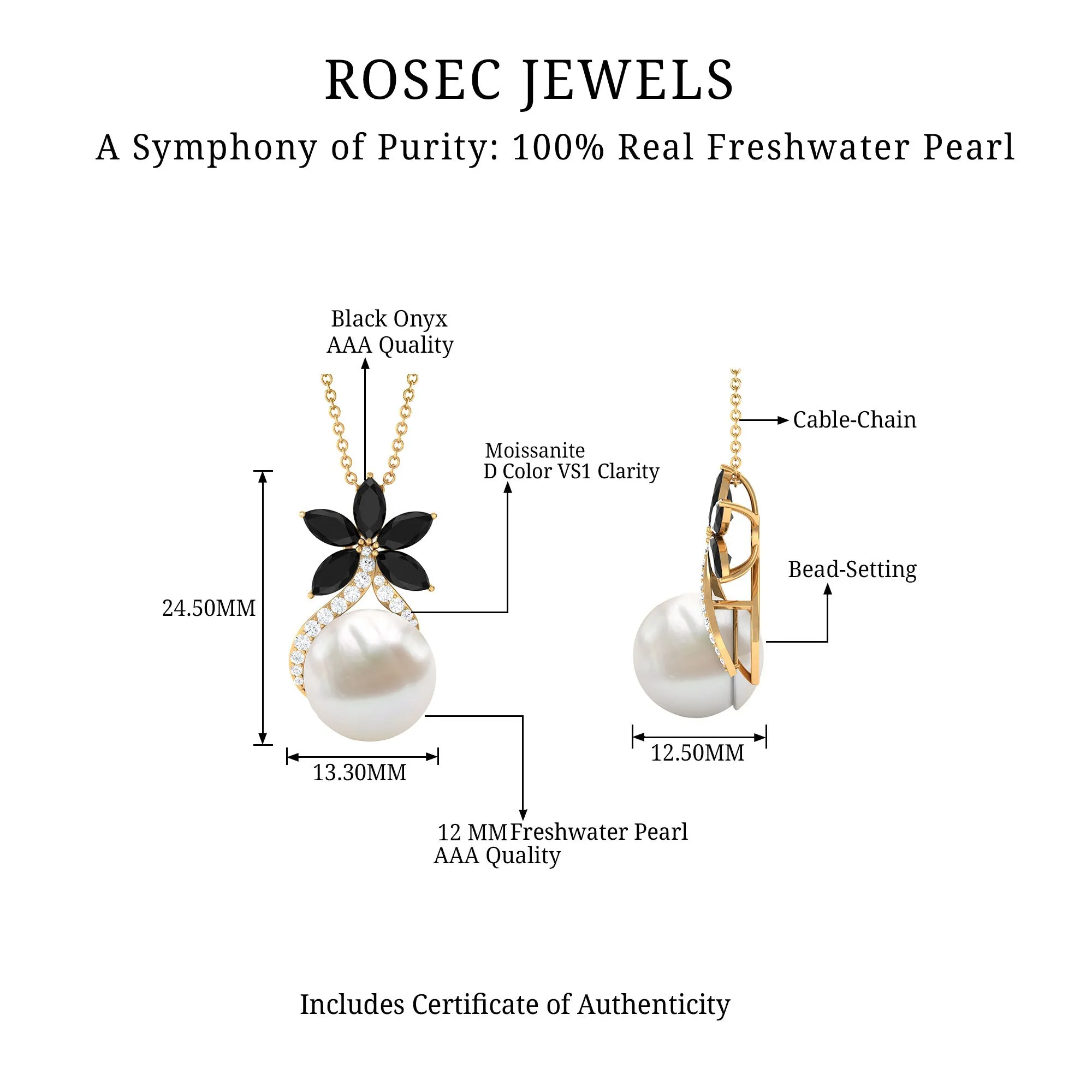 Floral Inspired Freshwater Pearl and Black Onyx Pendant with Moissanite Accent