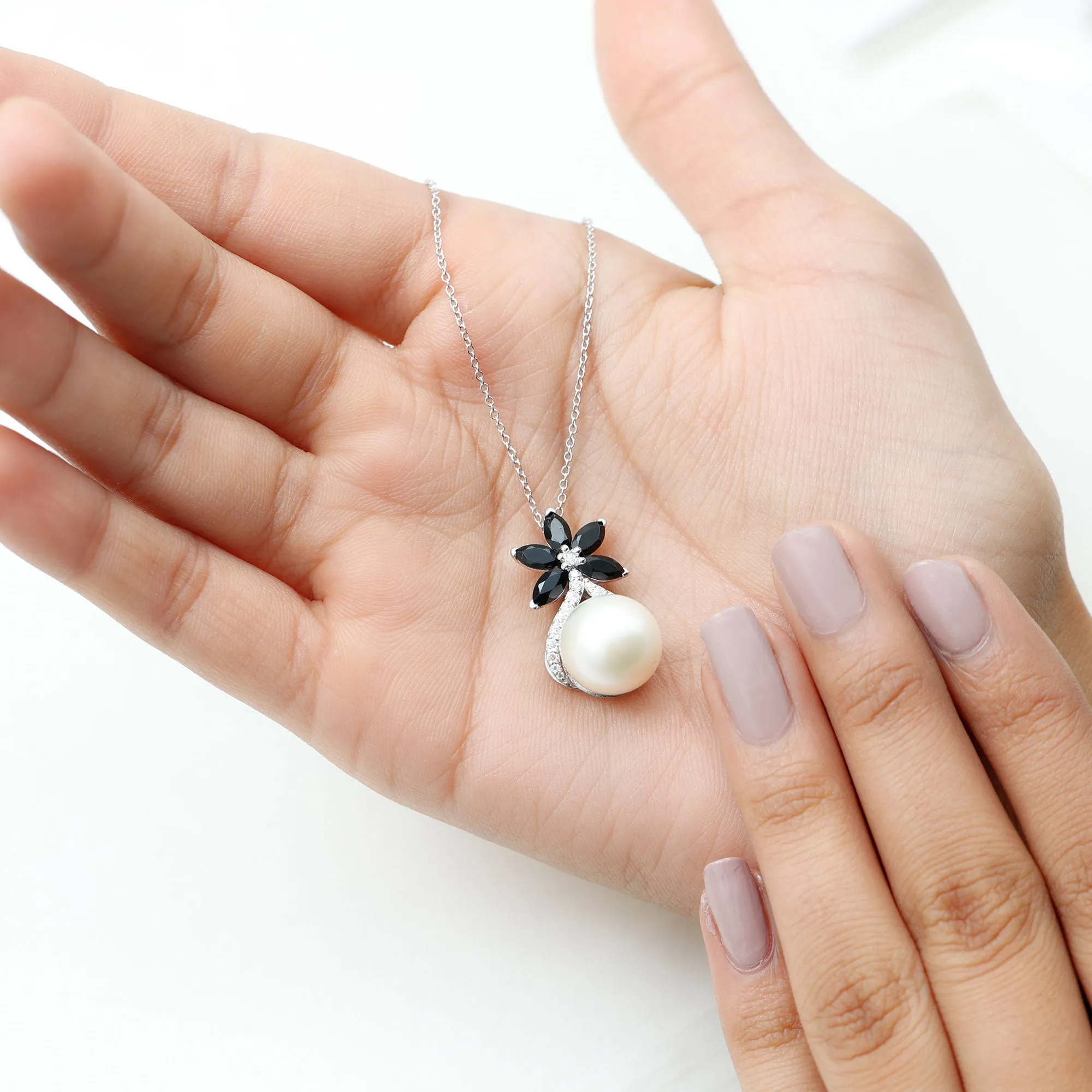 Floral Inspired Freshwater Pearl and Black Onyx Pendant with Moissanite Accent