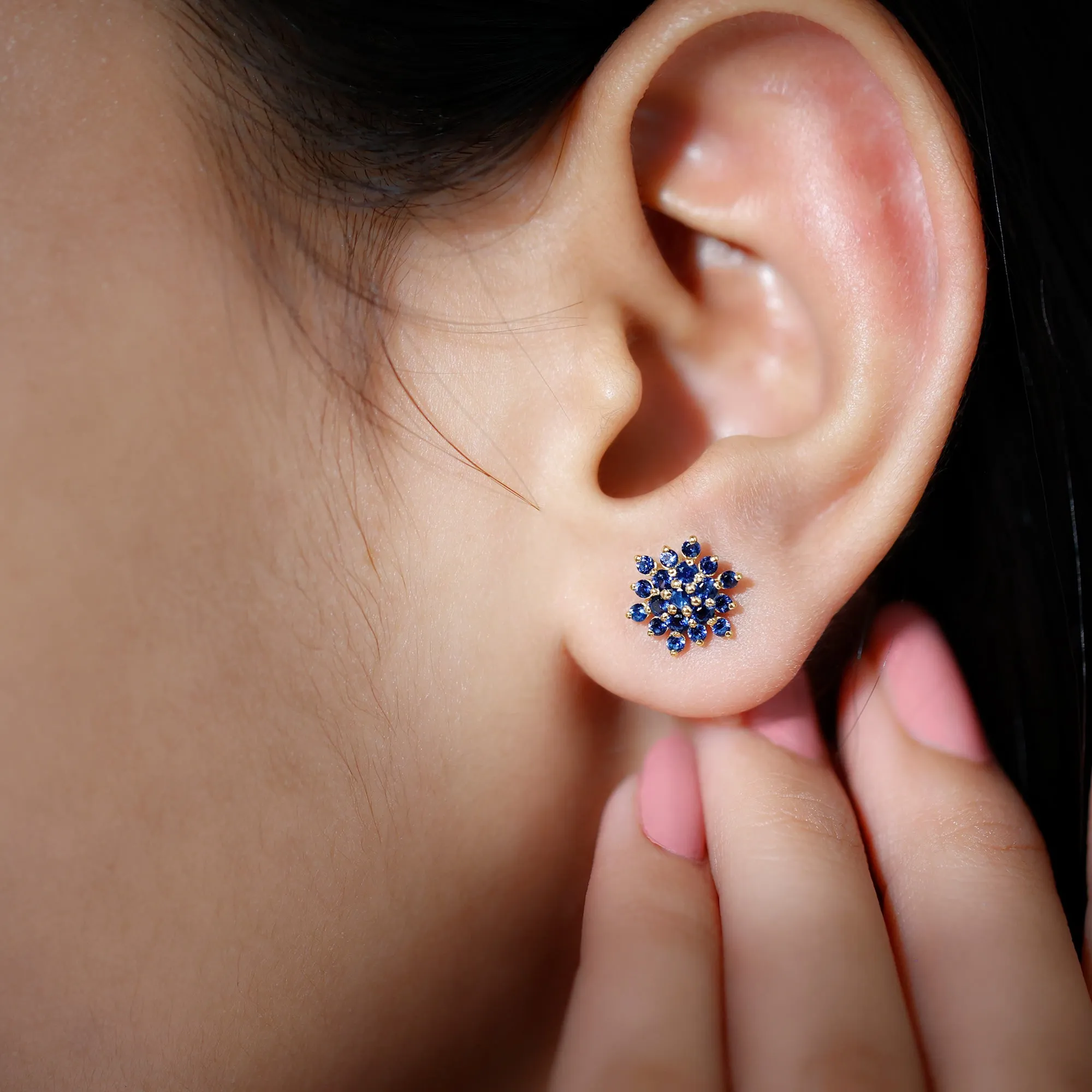Flower Inspired Lab Grown Blue Sapphire Cluster Stud Earrings
