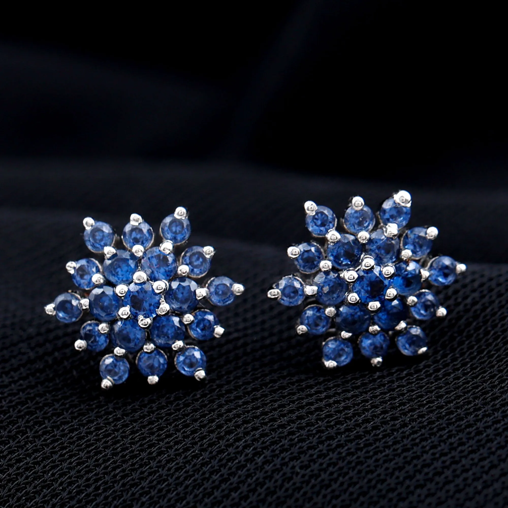 Flower Inspired Lab Grown Blue Sapphire Cluster Stud Earrings
