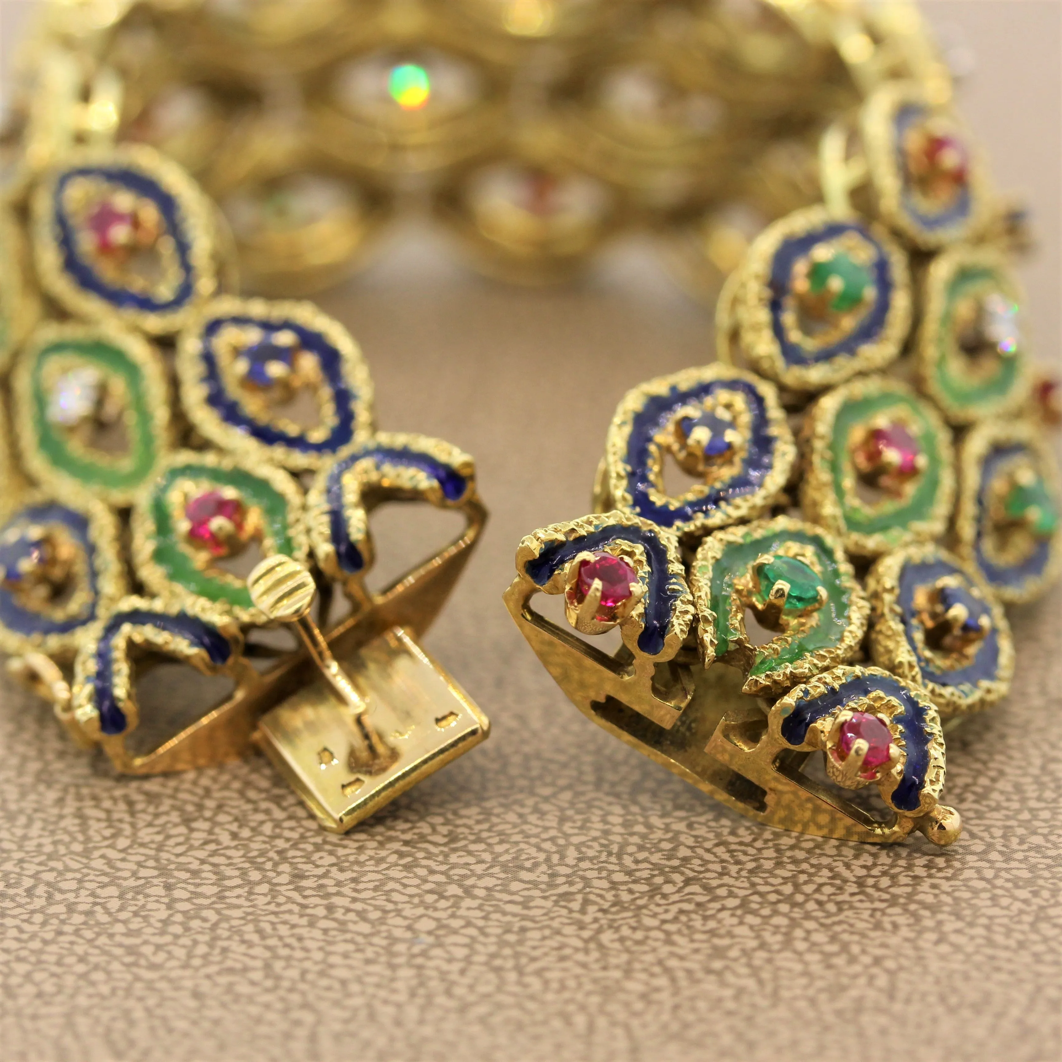French Sapphire Ruby Emerald Diamond Enamel Gold Bracelet