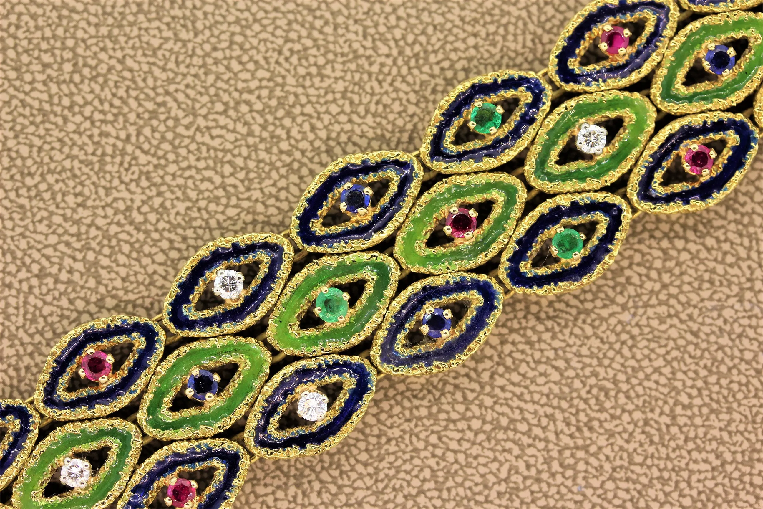 French Sapphire Ruby Emerald Diamond Enamel Gold Bracelet