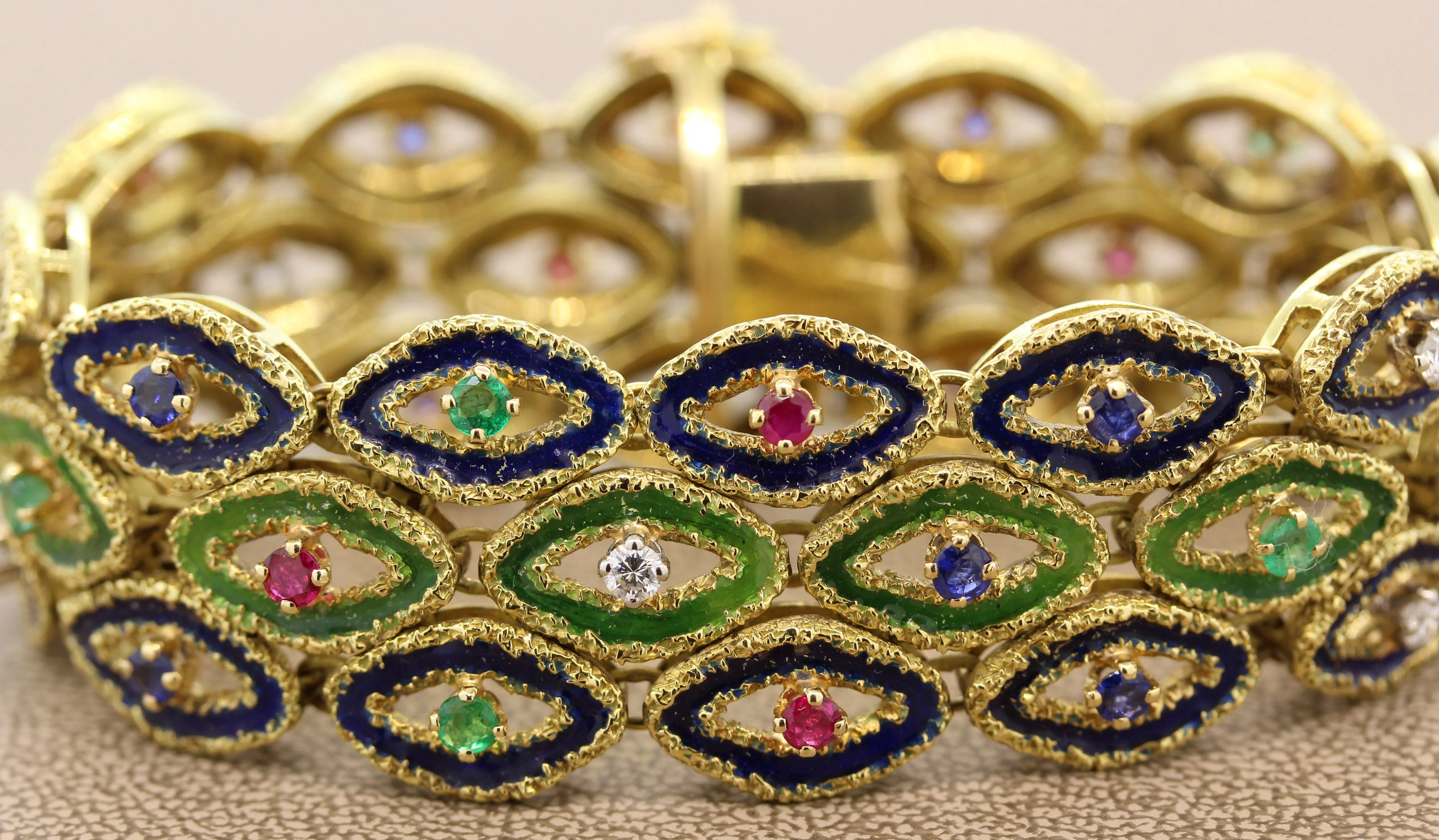 French Sapphire Ruby Emerald Diamond Enamel Gold Bracelet