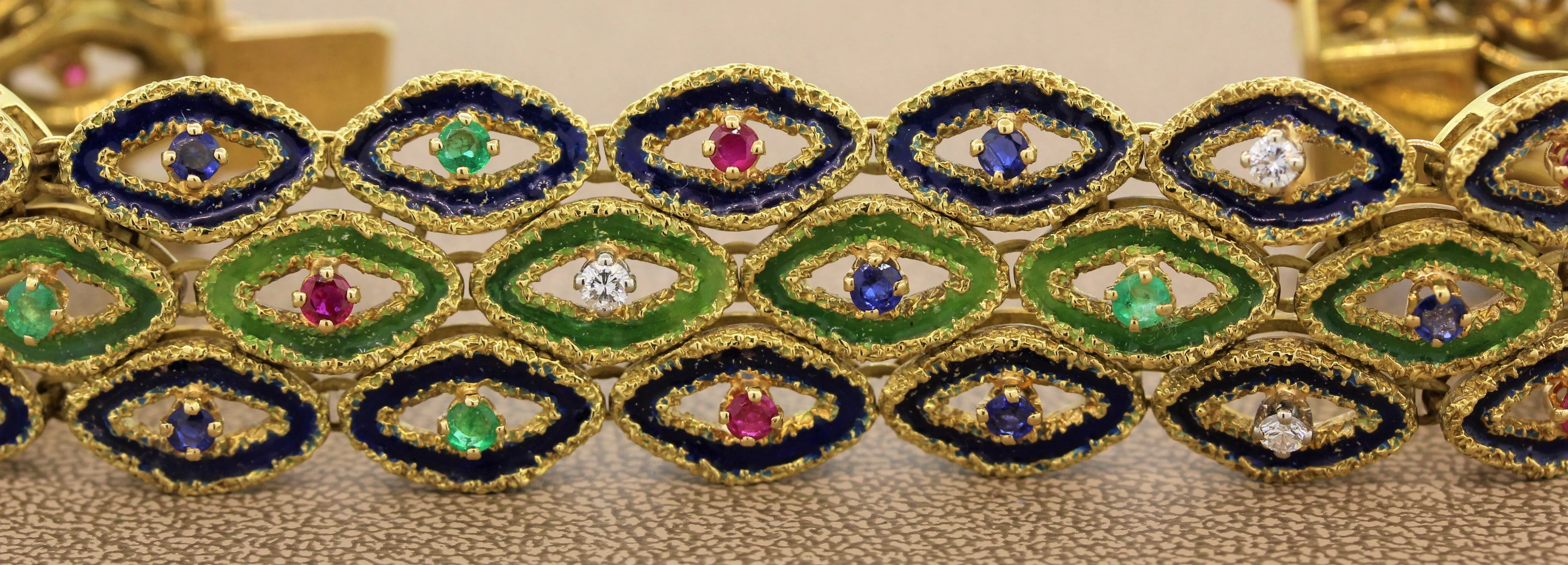 French Sapphire Ruby Emerald Diamond Enamel Gold Bracelet