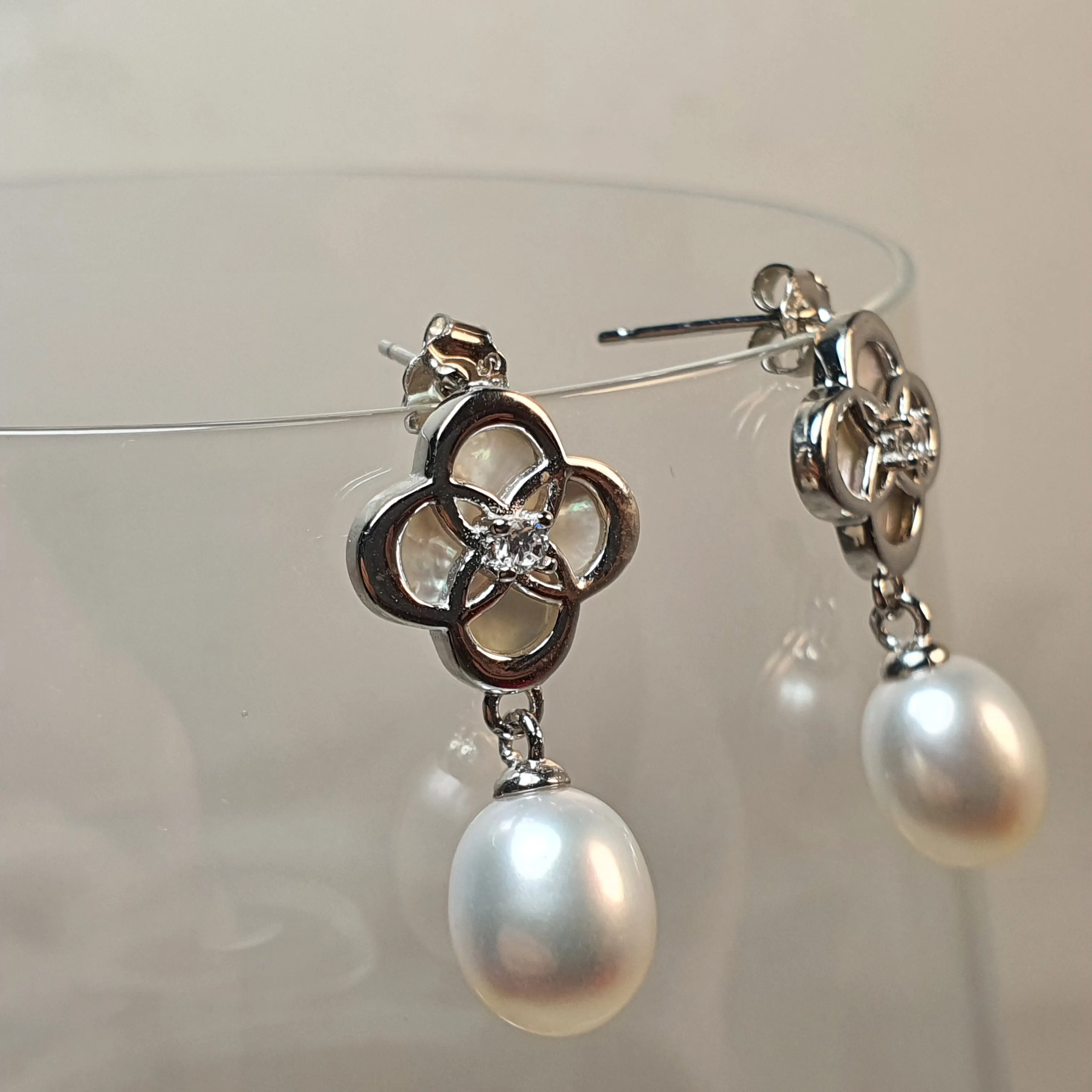 Freshwater Drop Pearl Floral Earring, Sterling Silver