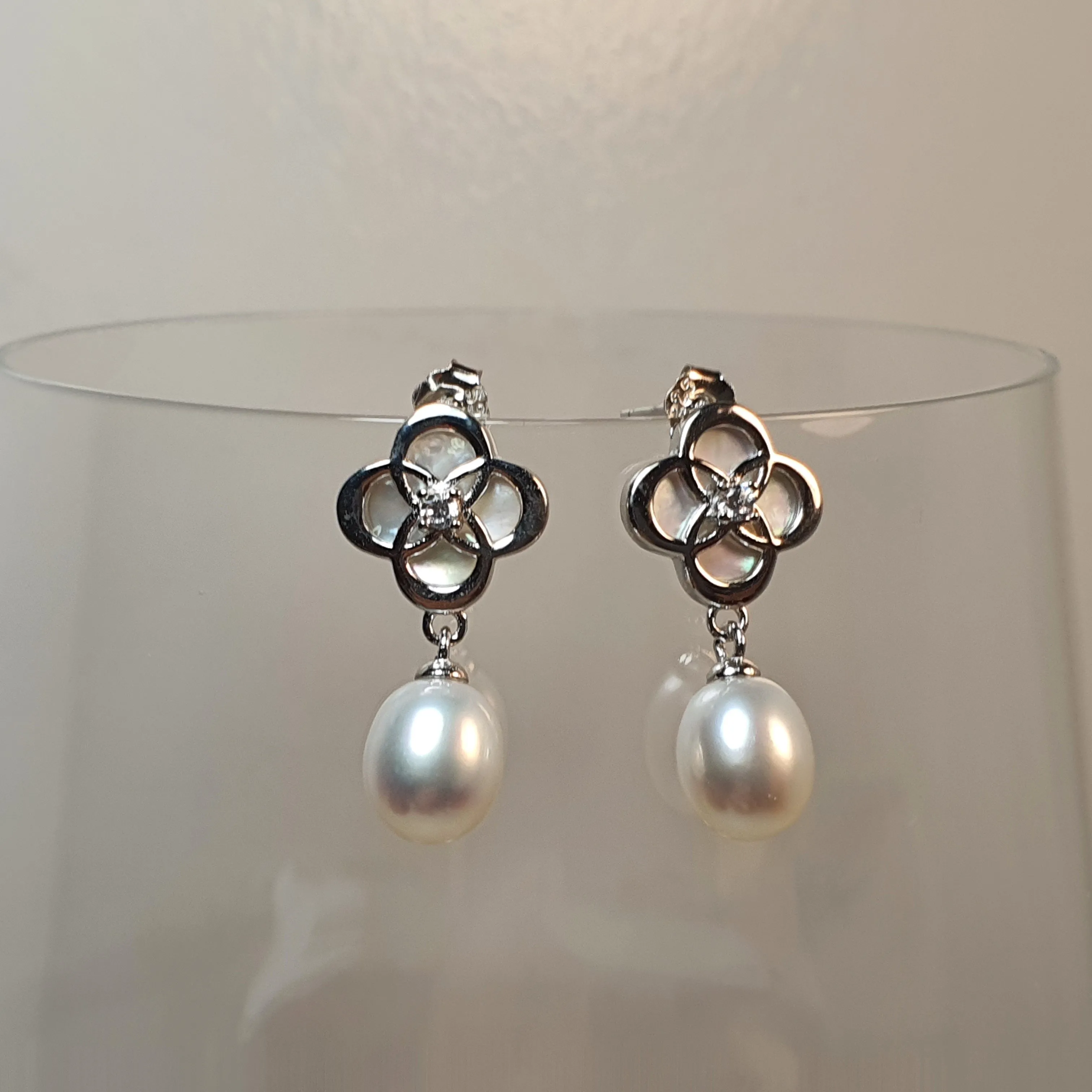 Freshwater Drop Pearl Floral Earring, Sterling Silver