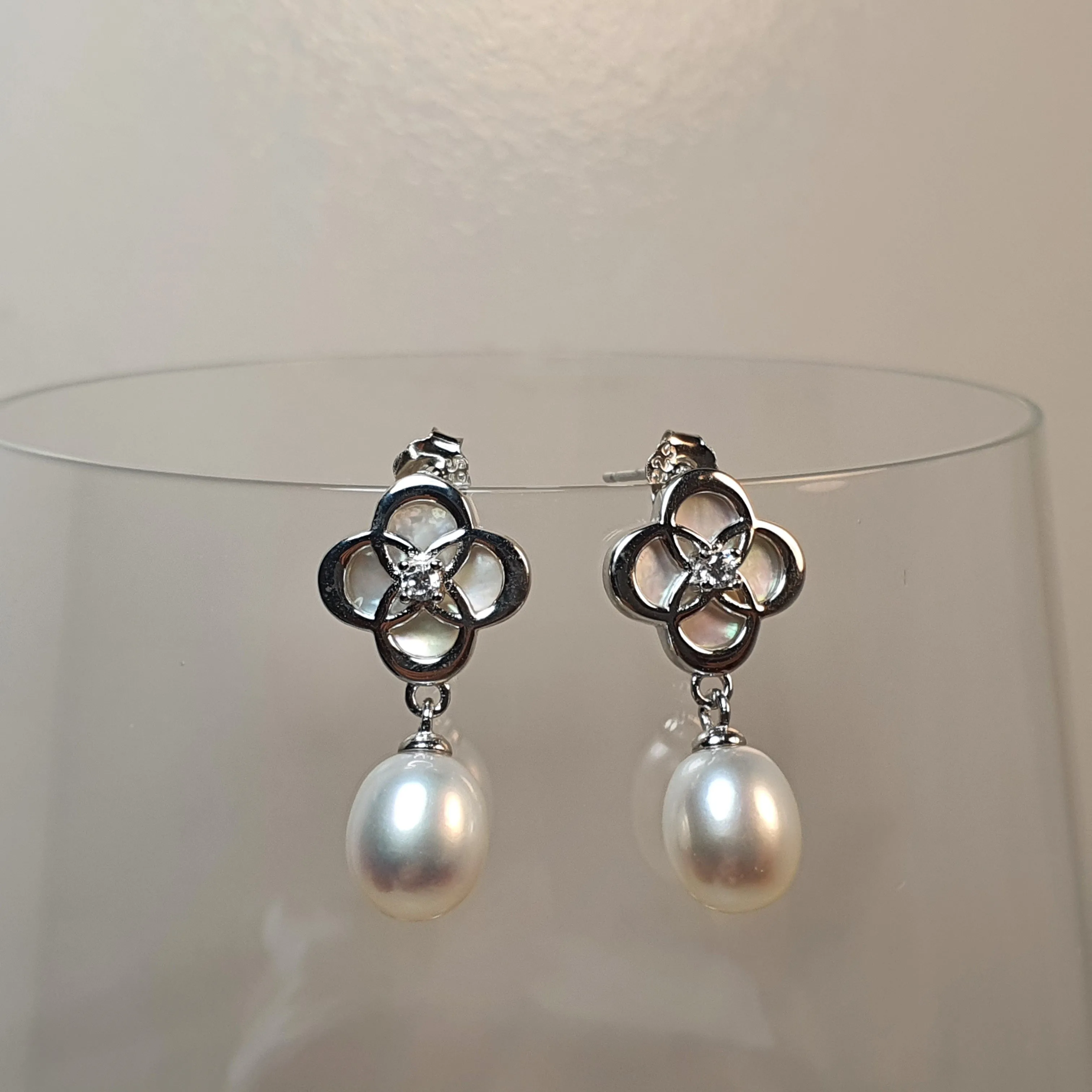 Freshwater Drop Pearl Floral Earring, Sterling Silver