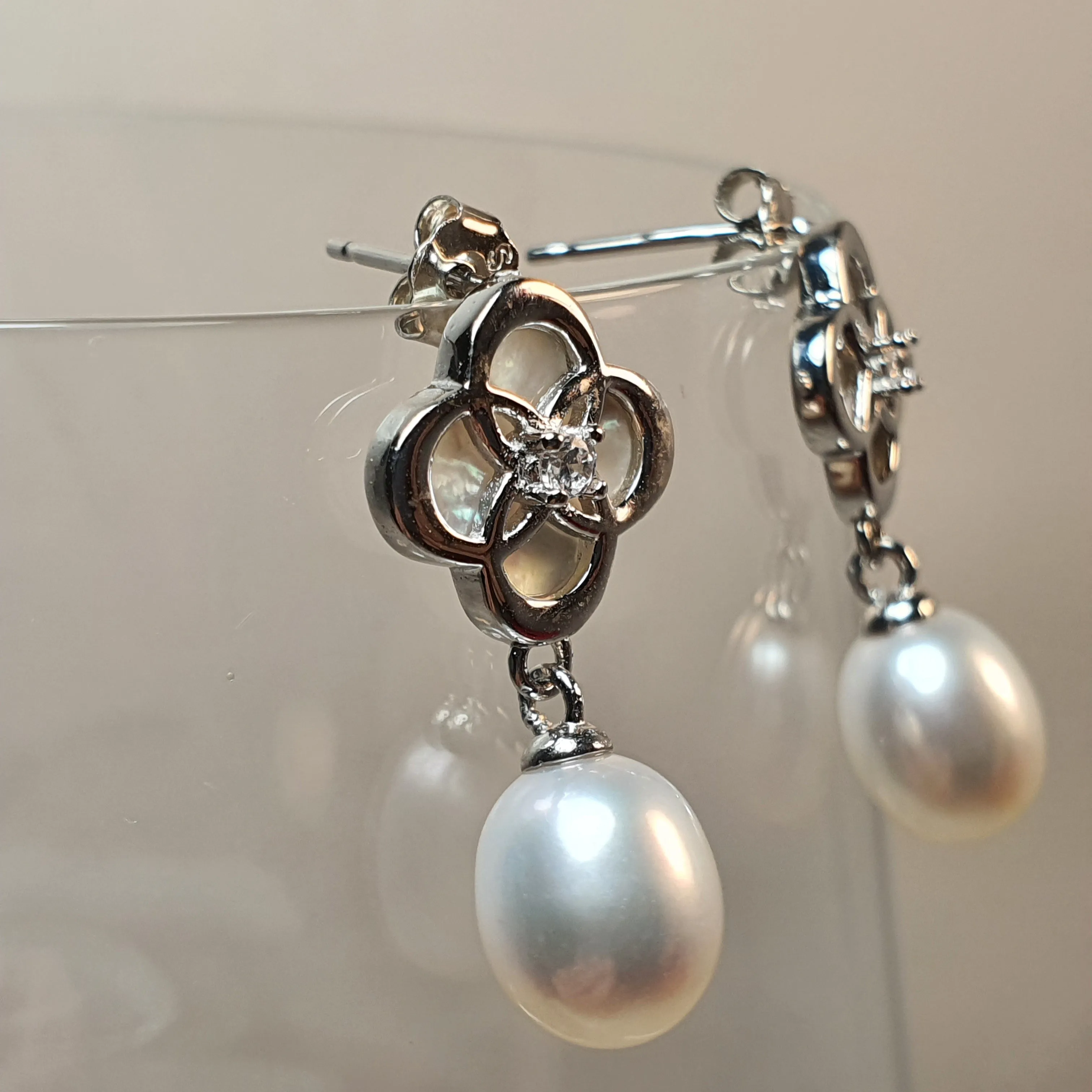Freshwater Drop Pearl Floral Earring, Sterling Silver