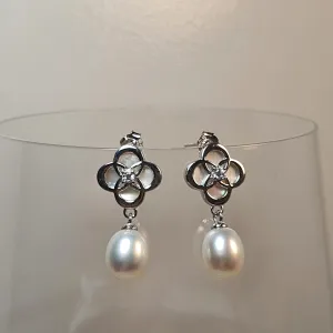 Freshwater Drop Pearl Floral Earring, Sterling Silver