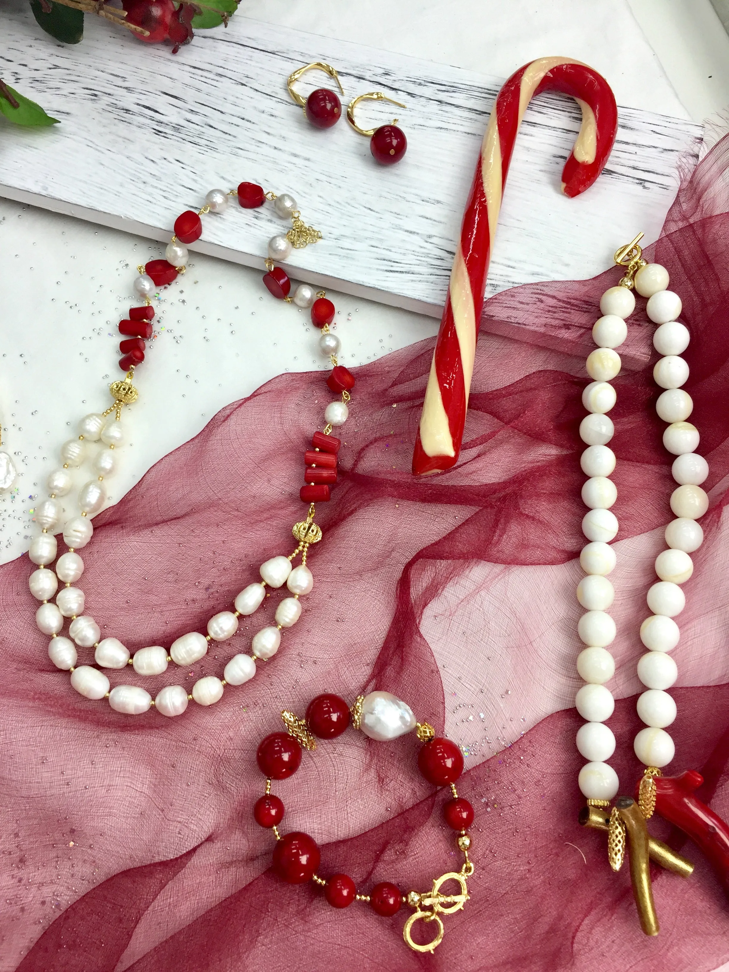 Freshwater Pearls With Corals Double Strands Necklace CN010