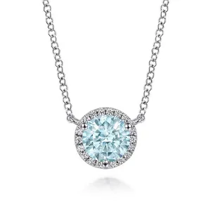 Gabriel & Co. 14k White Gold Round Aquamarine And Diamond Halo Pendant Necklace