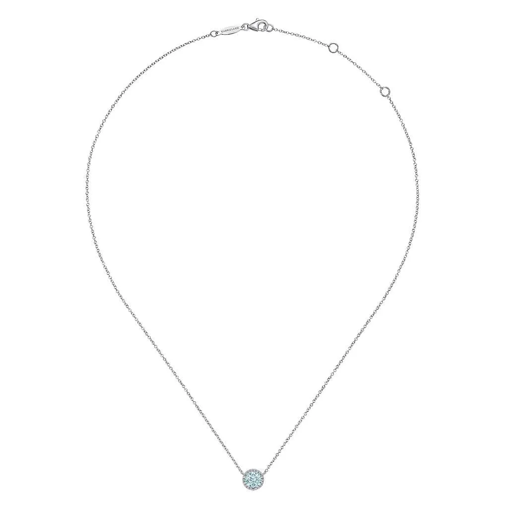 Gabriel & Co. 14k White Gold Round Aquamarine And Diamond Halo Pendant Necklace