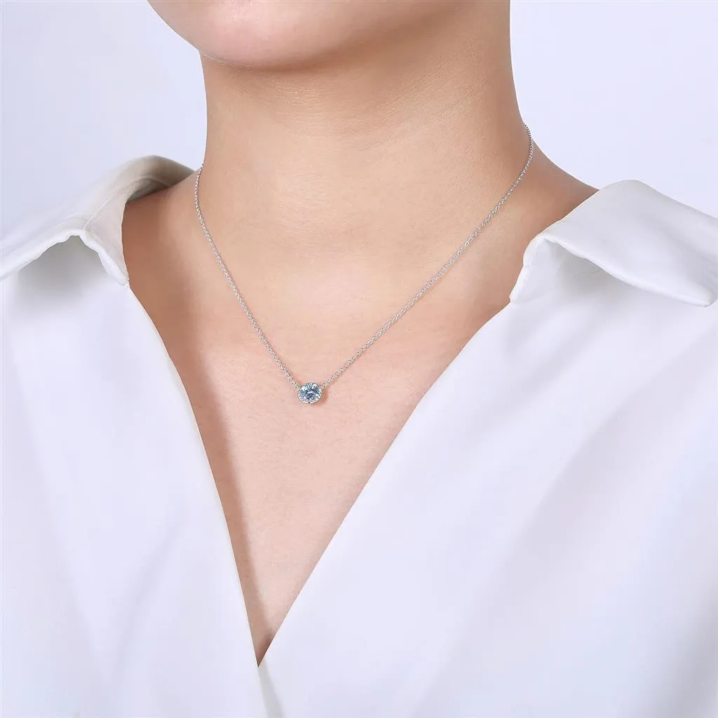 Gabriel & Co. 14k White Gold Round Aquamarine And Diamond Halo Pendant Necklace