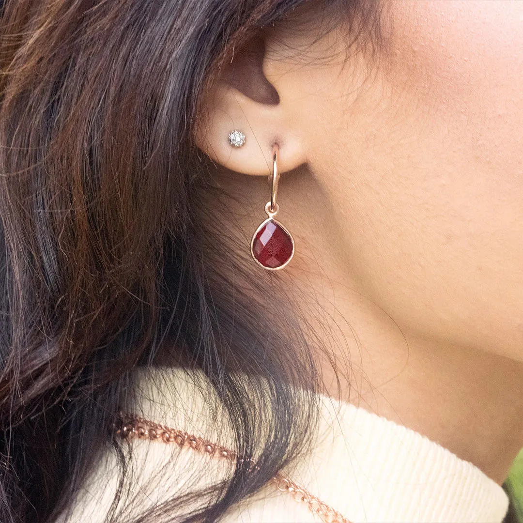 Garnet Drop Hoop Earrings | Rose Gold - January