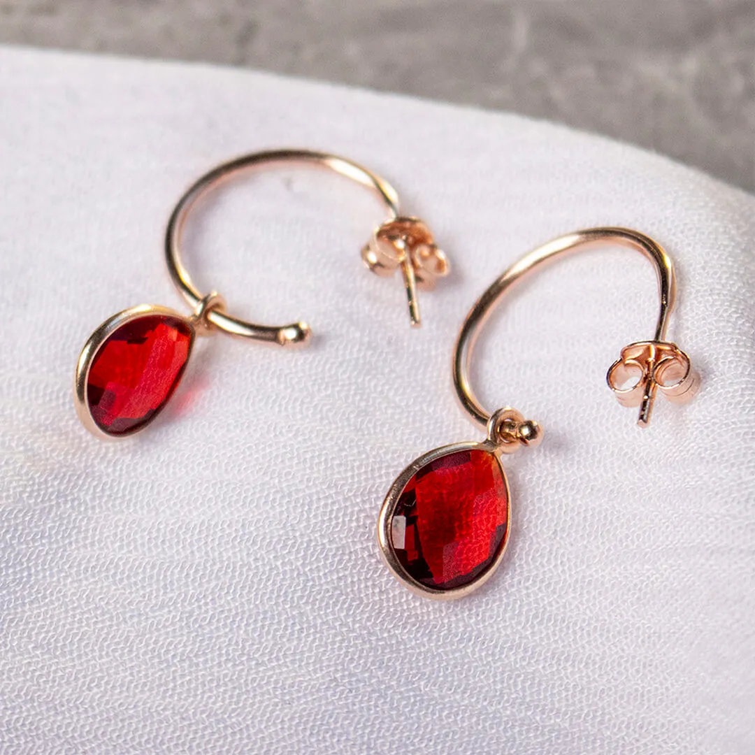 Garnet Drop Hoop Earrings | Rose Gold - January