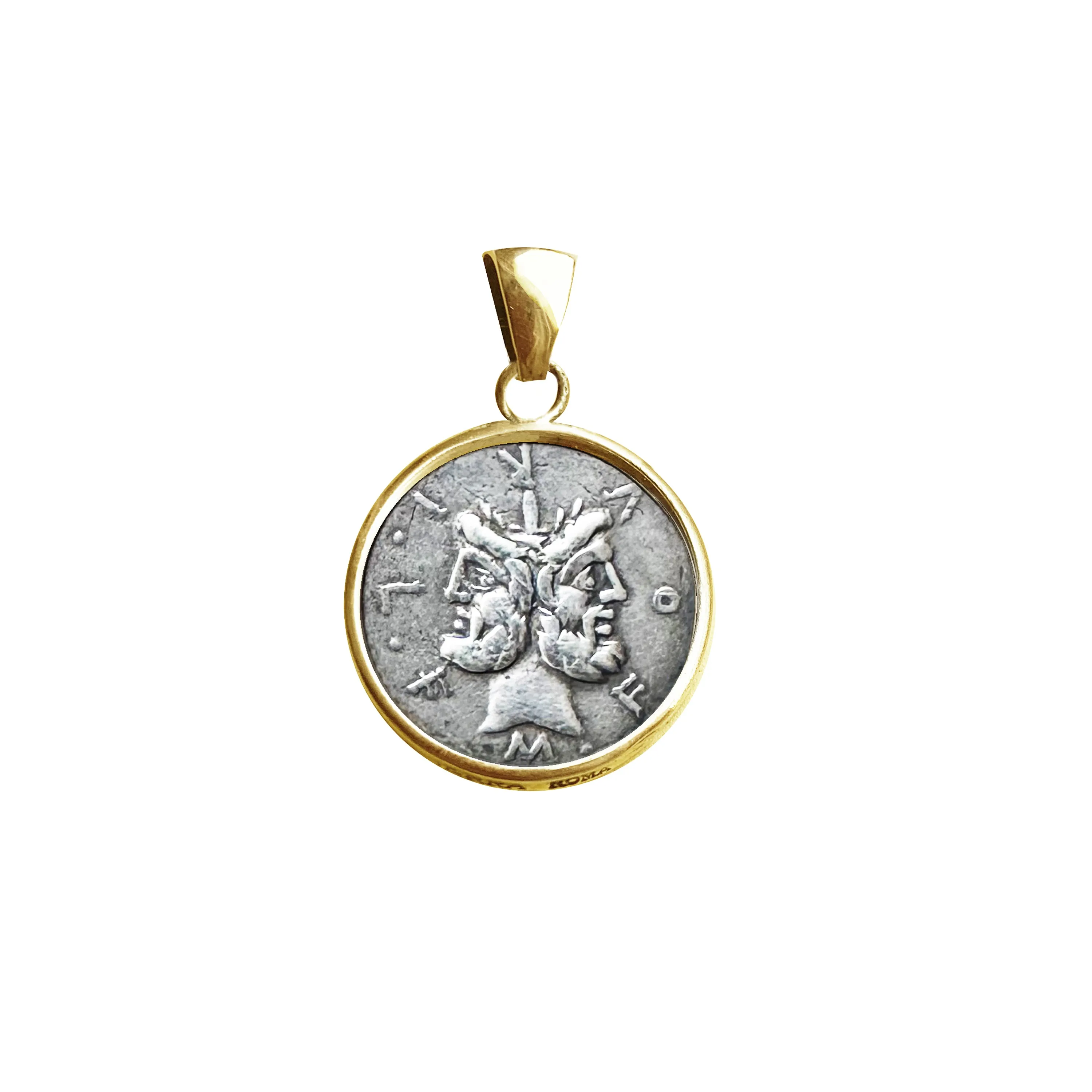 GOD JANUS Genuine Ancient Roman Coin 120 BC 18Kt Gold Pendant