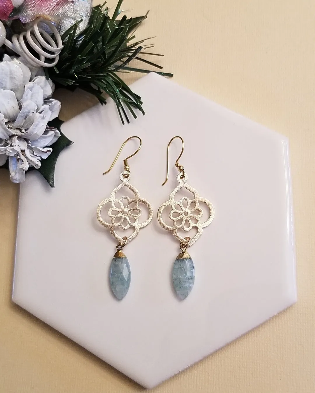 Gold Aquamarine Earrings, Gemstone Dangle Earrings for Women