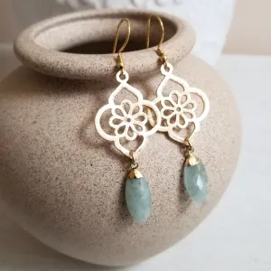 Gold Aquamarine Earrings, Gemstone Dangle Earrings for Women