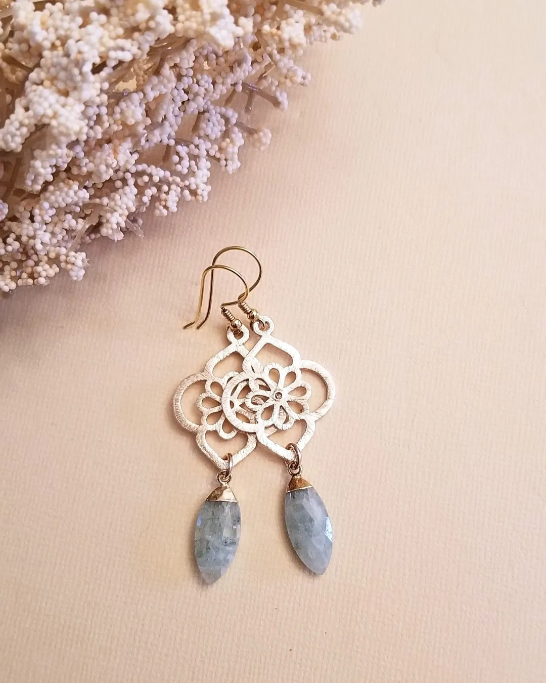 Gold Aquamarine Earrings, Gemstone Dangle Earrings for Women