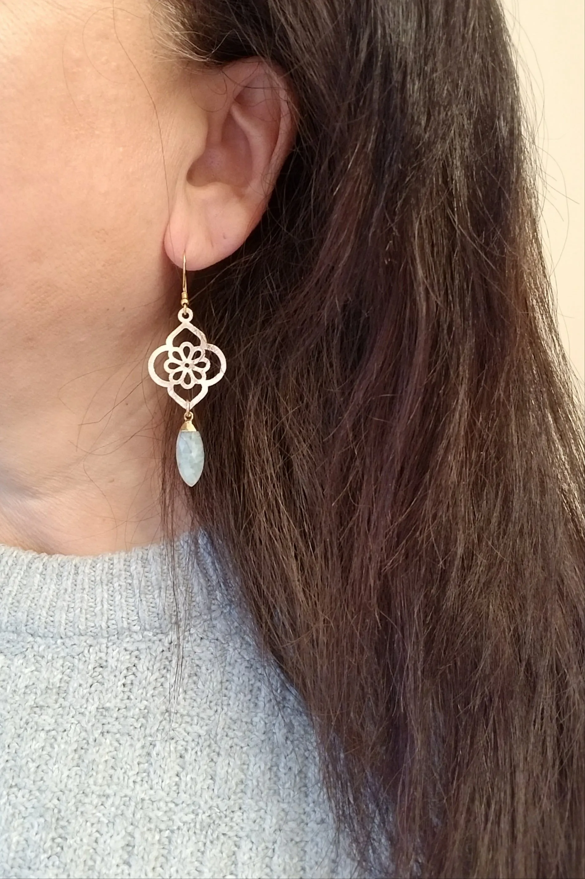 Gold Aquamarine Earrings, Gemstone Dangle Earrings for Women