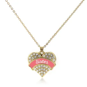 Gold Coral Sister Pave Heart Charm Classic Necklace