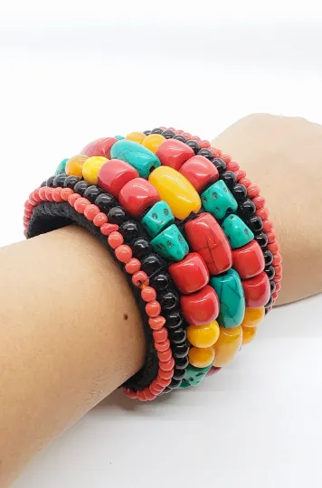 Handstitched Turquoise/coral/Amber Cuff Bracelet Gemstone Bracelet