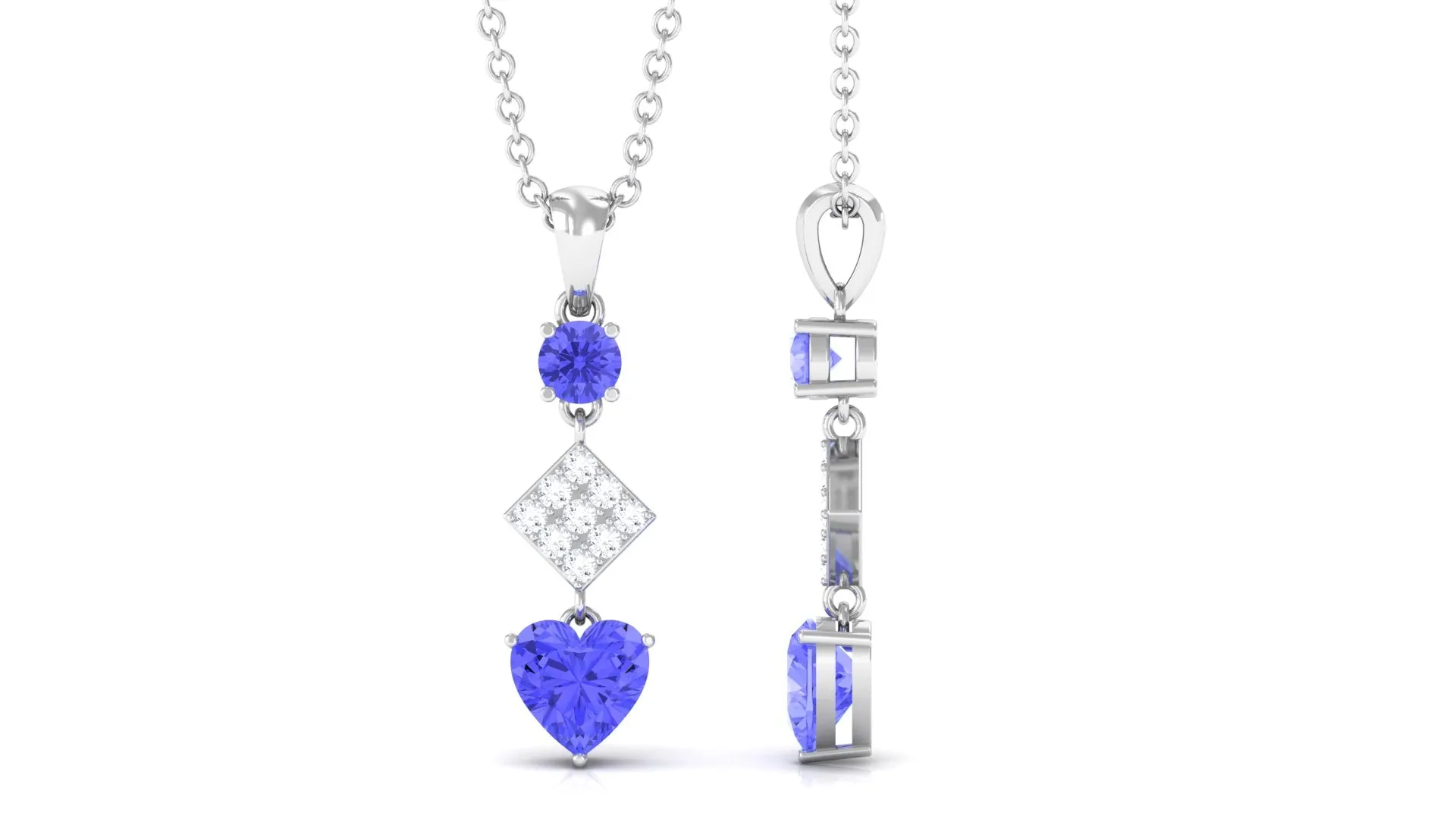 Heart and Round Shape Tanzanite and Diamond Dangle Pendant
