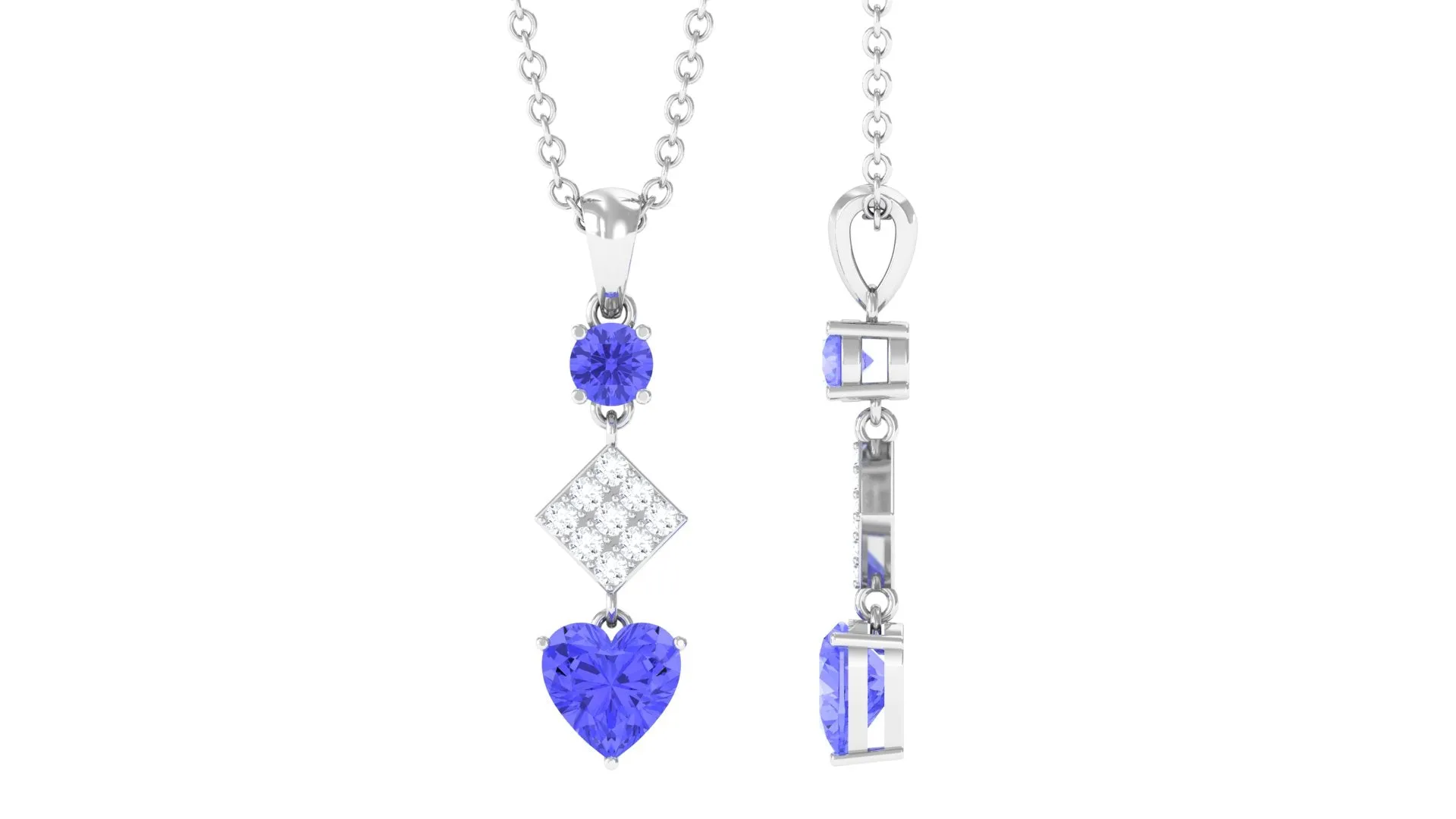 Heart and Round Shape Tanzanite and Diamond Dangle Pendant
