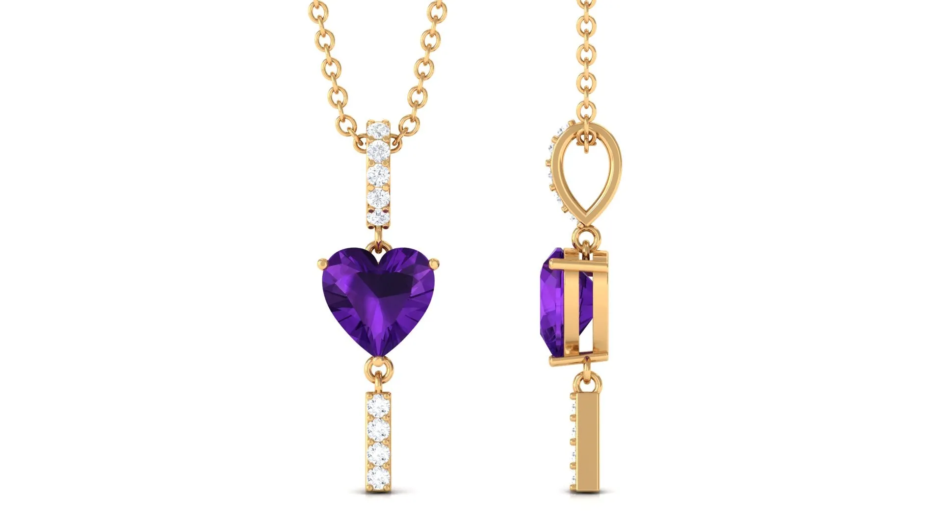 Heart Shape Amethyst and Diamond Bar Dangle Pendant
