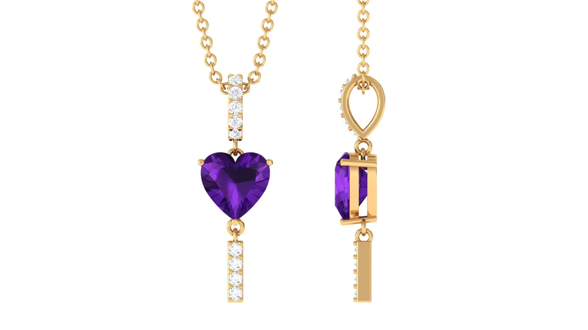 Heart Shape Amethyst and Diamond Bar Dangle Pendant