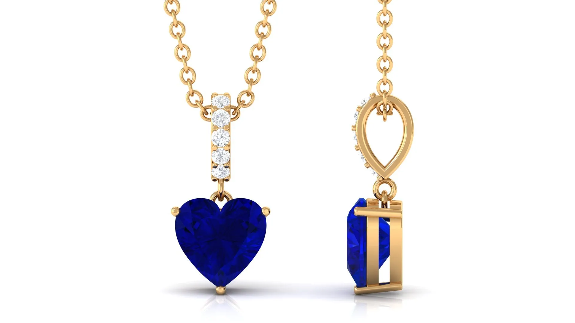 Heart Shape Created Blue Sapphire Solitaire Pendant with Diamond Accent Bail