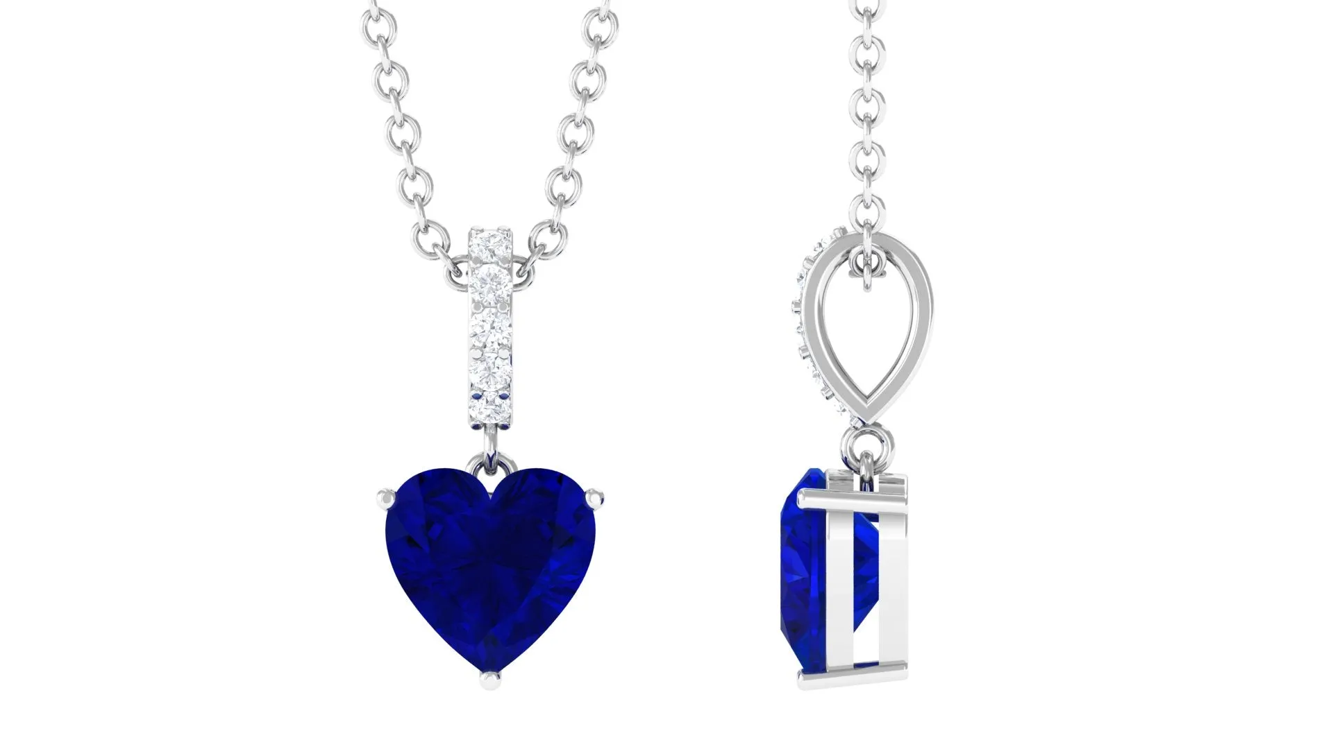 Heart Shape Created Blue Sapphire Solitaire Pendant with Diamond Accent Bail