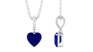 Heart Shape Created Blue Sapphire Solitaire Pendant with Diamond Accent Bail