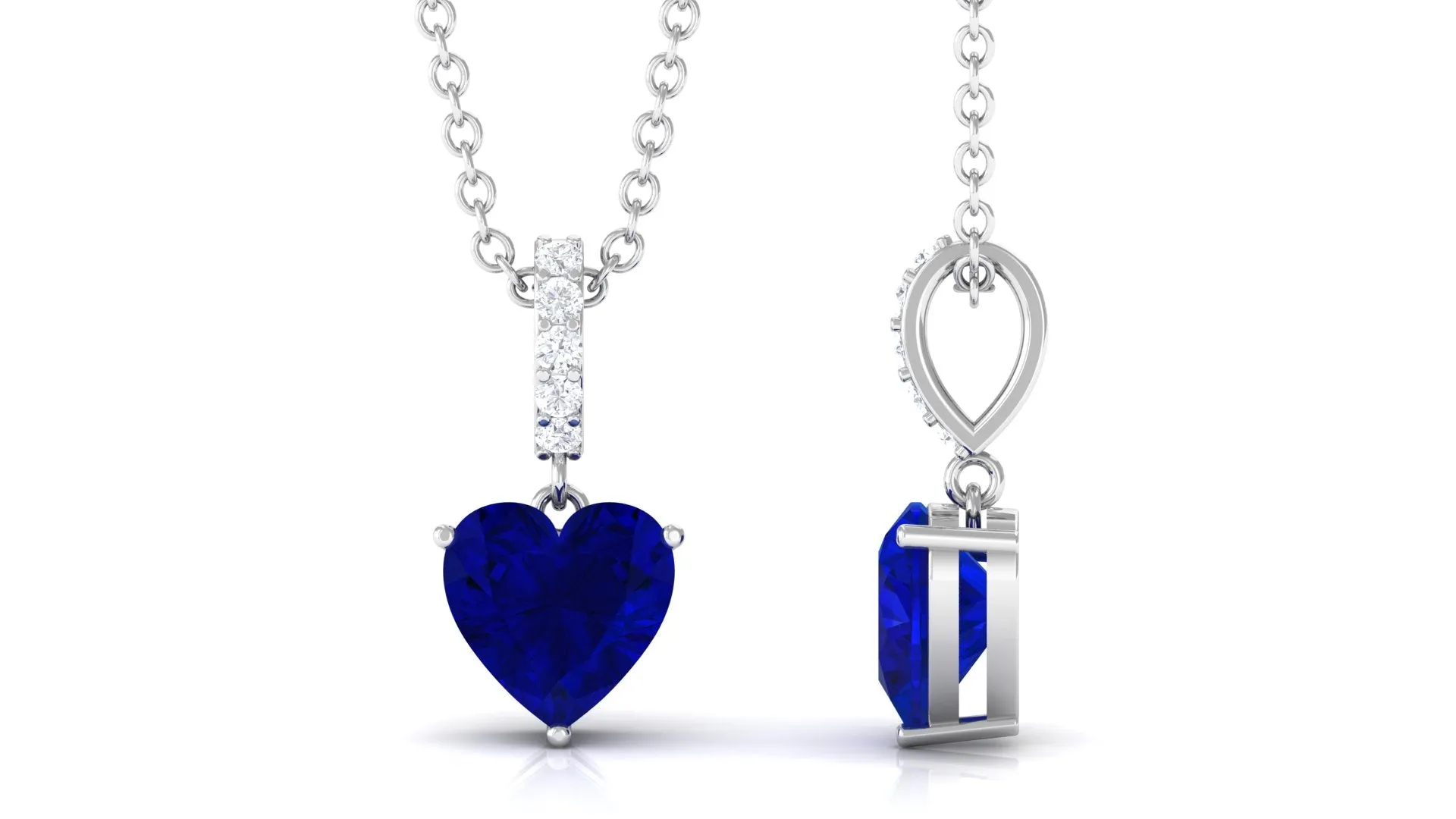 Heart Shape Created Blue Sapphire Solitaire Pendant with Diamond Accent Bail