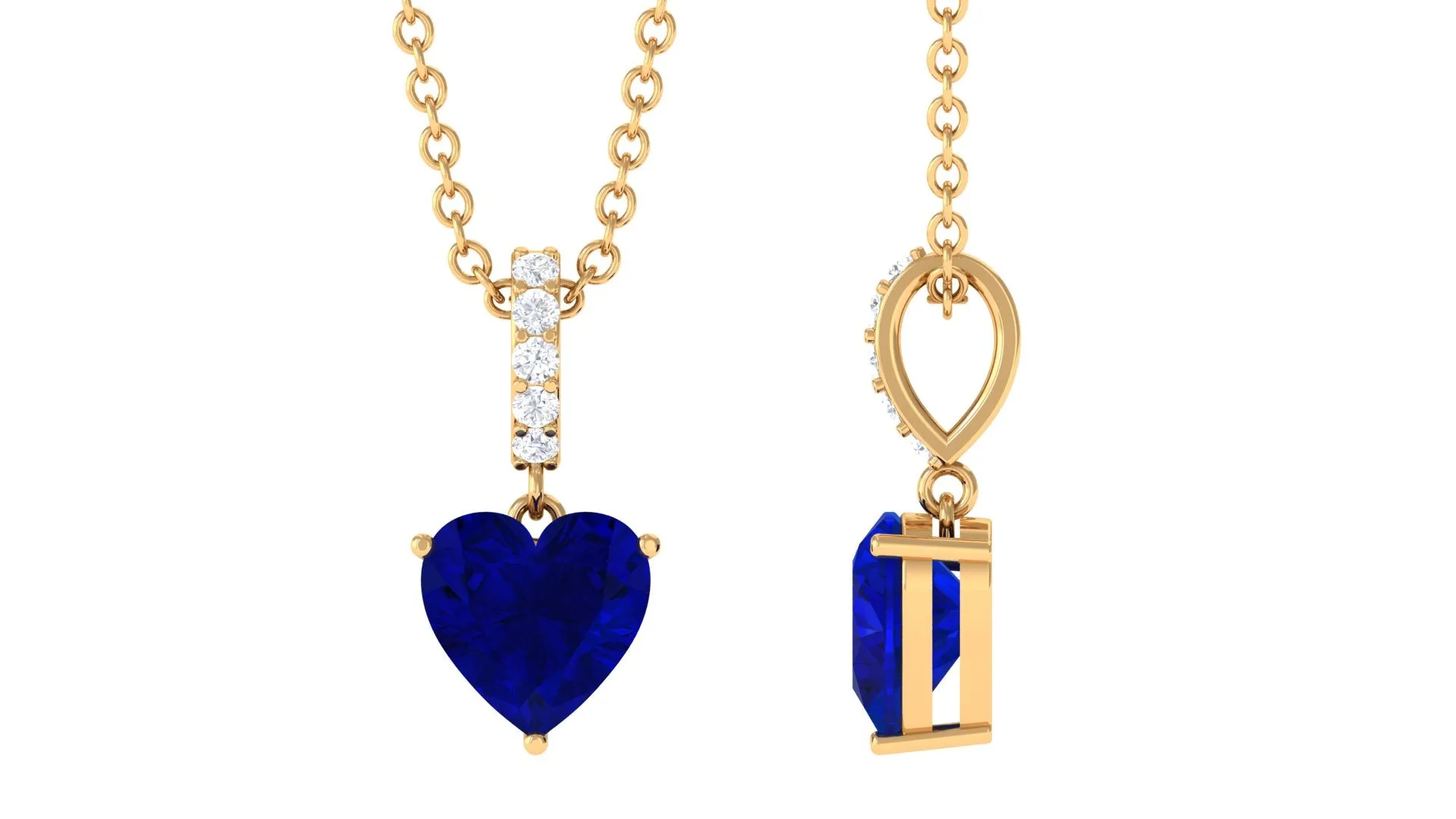 Heart Shape Created Blue Sapphire Solitaire Pendant with Diamond Accent Bail