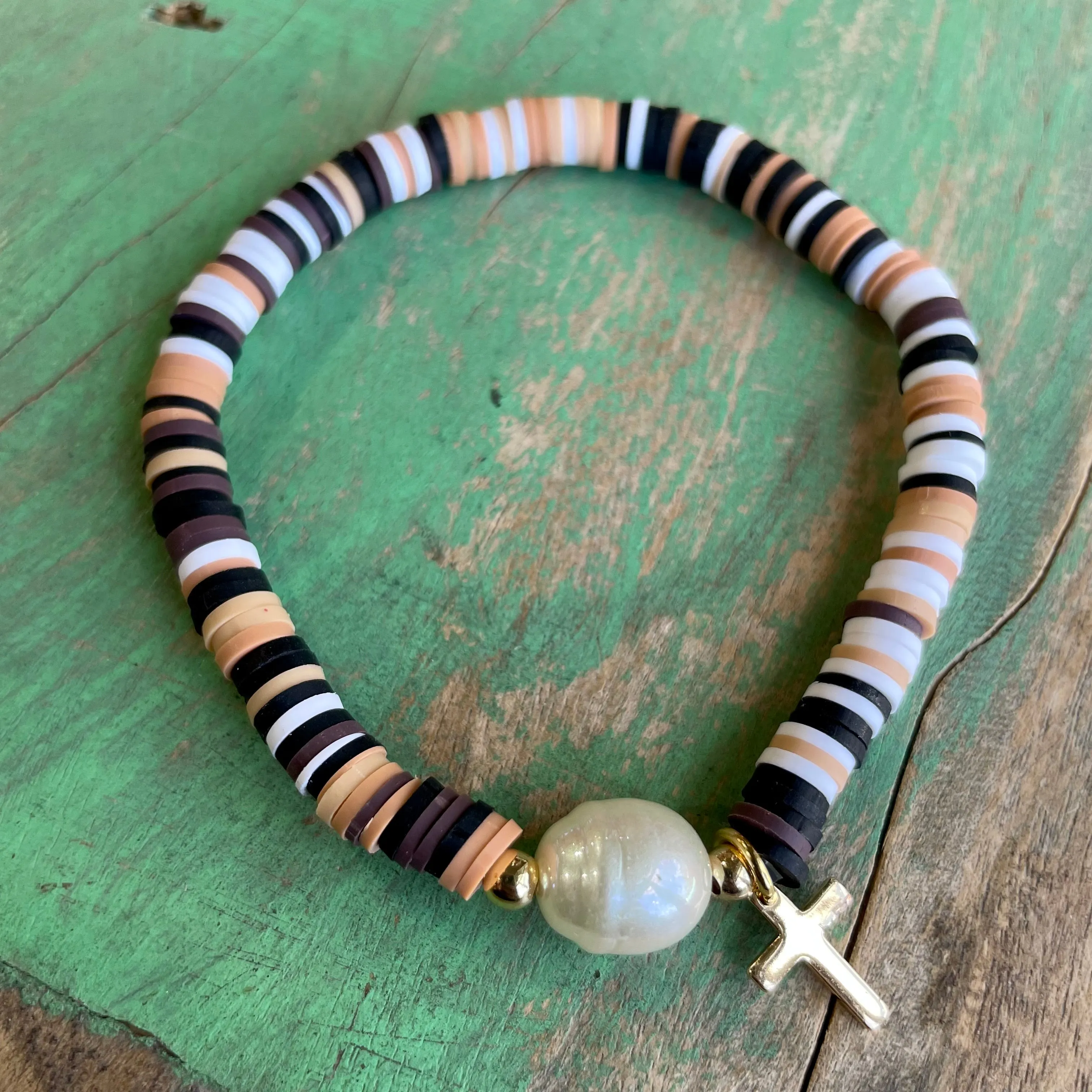 Heishi Colorful Bead and Cross Bracelet