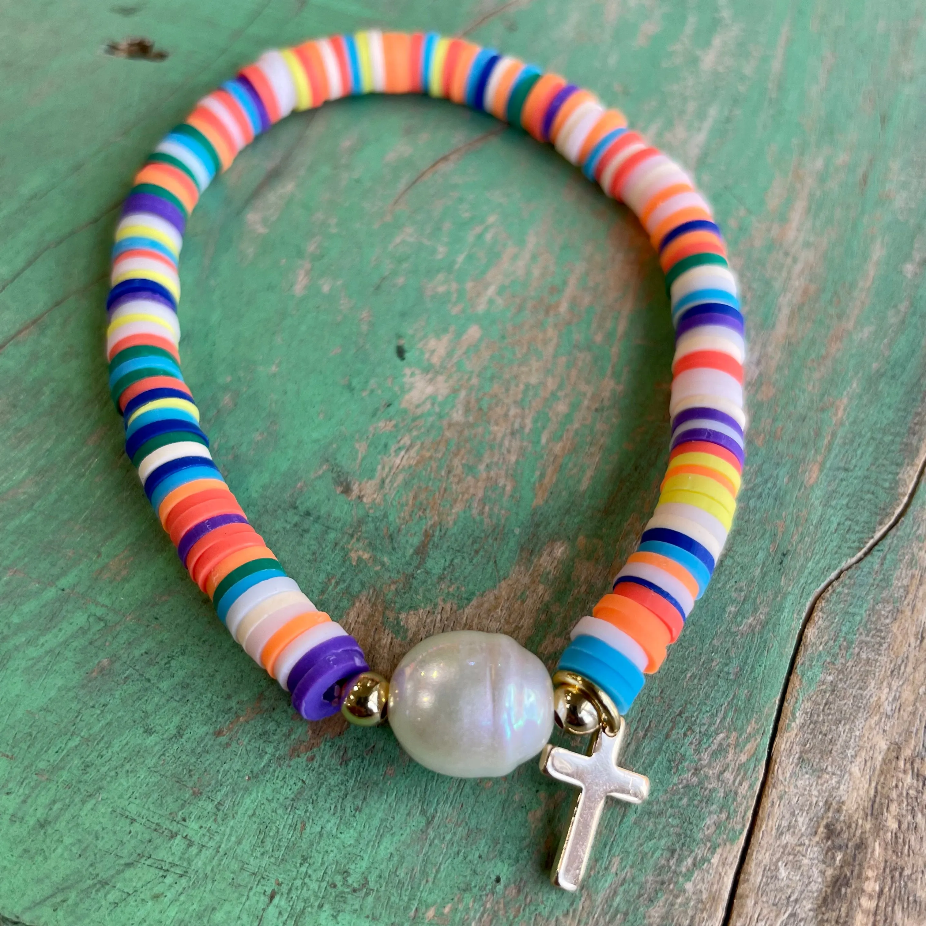 Heishi Colorful Bead and Cross Bracelet