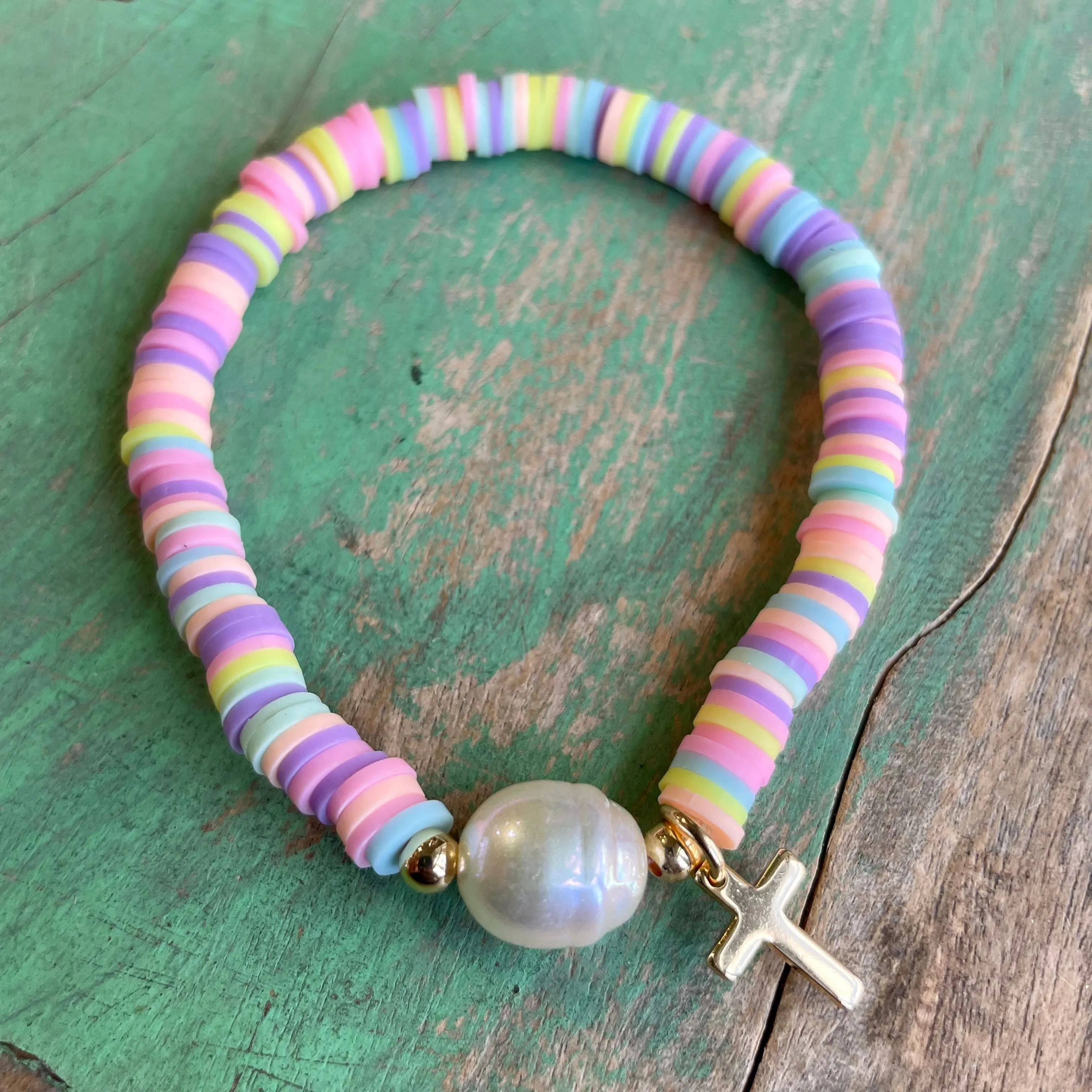 Heishi Colorful Bead and Cross Bracelet