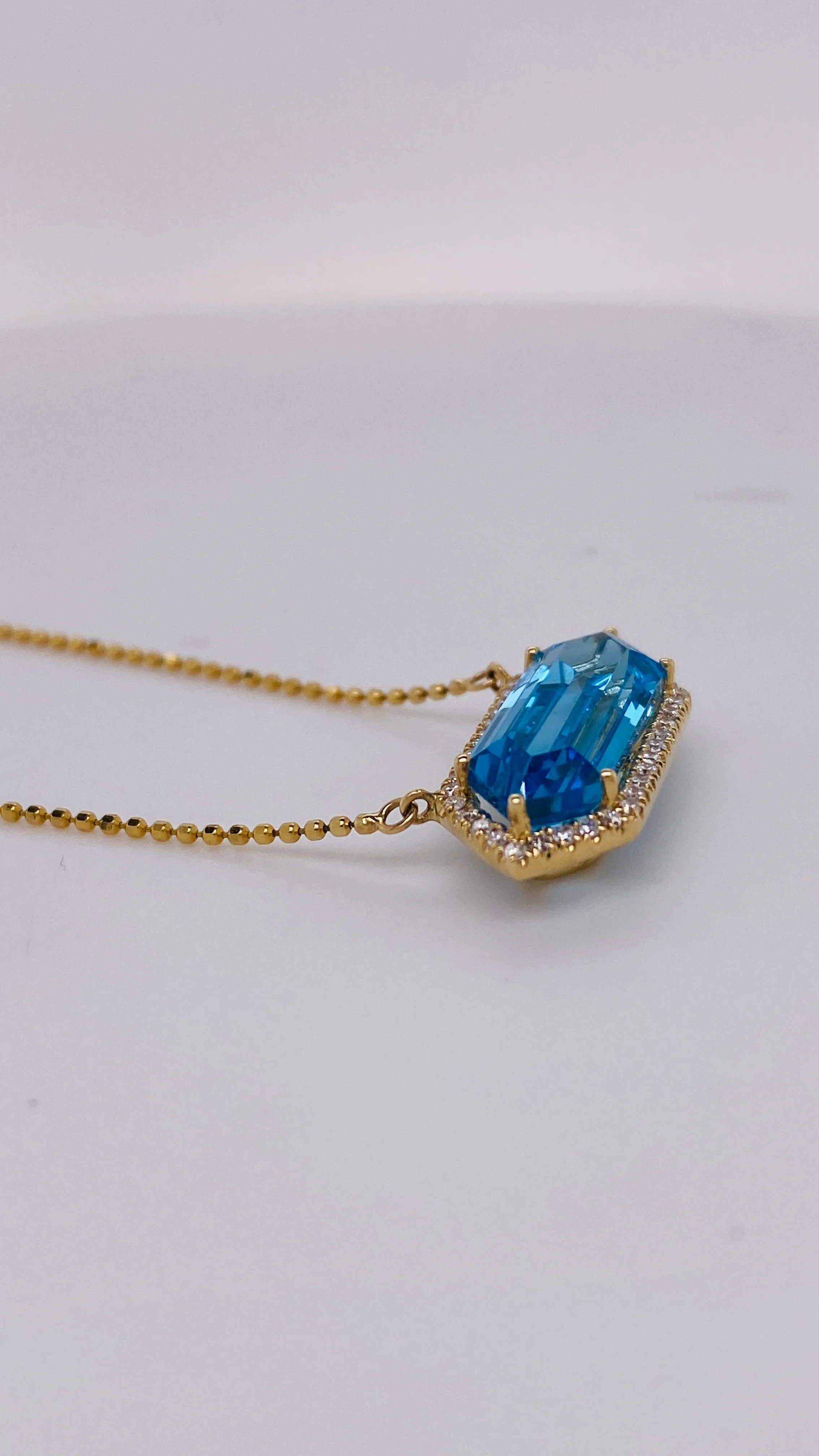 Hexagon Blue Topaz Diamond Halo Necklace